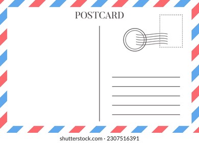 Airmail envelope frame with blue and red stripes on white background. International vintage letter border.