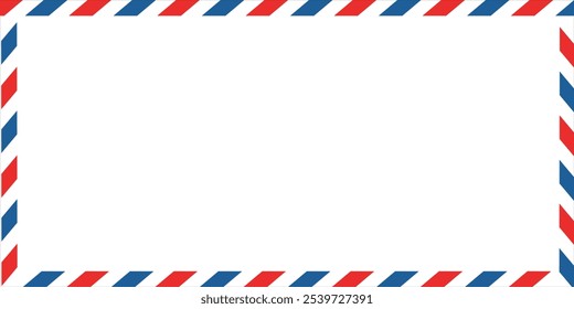 Marco del sobre del correo aéreo con las rayas azules y rojas en el fondo blanco. Frontera de carta vintage internacional. Postal de correo aéreo retro. Sobre en blanco.