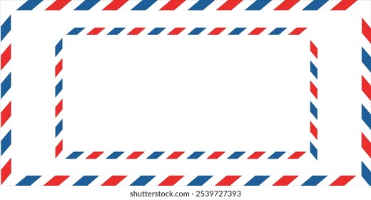 Airmail envelope frame with blue and red stripes on white background. International vintage letter border. Retro air mail postcard. Blank envelope. vektor