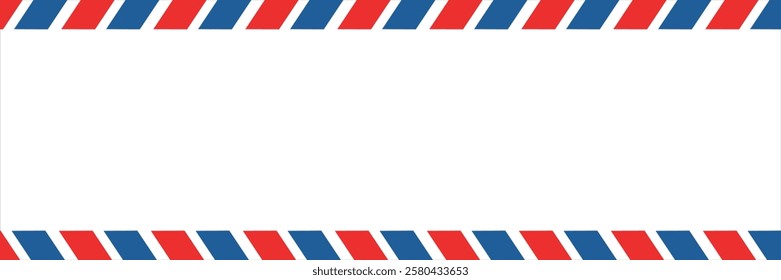 Airmail envelope frame with blue and red stripes on white background. International vintage letter border. Retro air mail postcard. Blank envelope.
