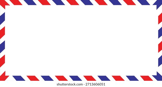 Quadro de envelope de correio aéreo com listras azuis e vermelhas no fundo branco. Fronteira internacional da carta vintage. Cartão postal de correio aéreo retrô. Envelope em branco. Ilustração vetorial isolada sobre fundo branco.