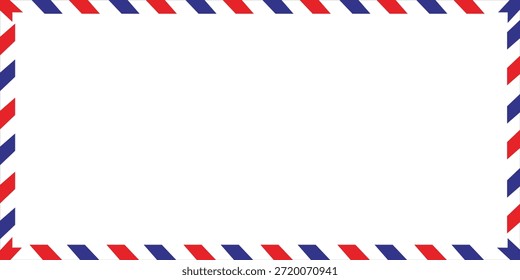 Umschlagrahmen für Luftpost mit blauen und roten Streifen auf weißem Hintergrund. Internationale Grenze für Vintage-Buchstaben. Postkarte Retro-Luftpost. Leerer Umschlag. Vektorgrafik einzeln auf weißem Hintergrund.