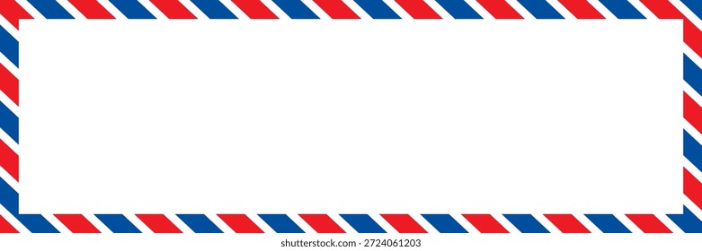 Airmail envelope frame with blue and red stripes on white background. International vintage letter border. Retro air mail postcard. Blank envelope.	