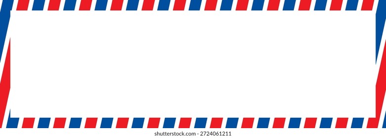Airmail envelope frame with blue and red stripes on white background. International vintage letter border. Retro air mail postcard. Blank envelope.	