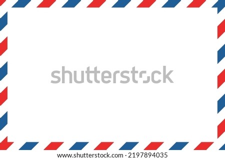 Airmail envelope frame with blue and red stripes on white background. International vintage letter border. Retro air mail postcard. Blank envelope. Vector illustration isolated on white background.