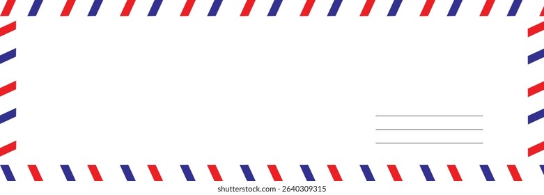 Airmail Envelope frame images with strips. International vintage letter border. Retro air mail postcard with blue and red stripes.  Empty classic postal frame. Vector illustration