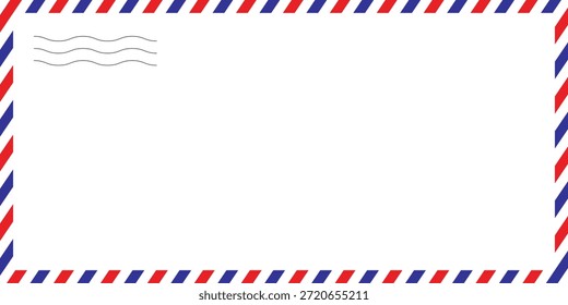 Imagens de quadro Airmail Envelope com tiras. Fronteira internacional da carta vintage. Cartão postal de correio aéreo retrô com listras azuis e vermelhas. Quadro postal clássico vazio.

