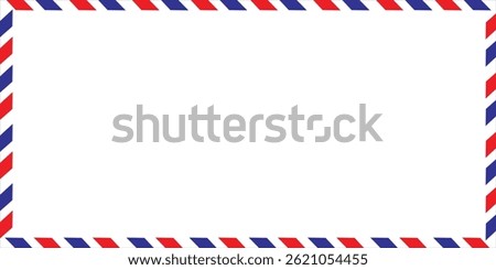 Airmail Envelope frame images with strips. International vintage letter border. Retro air mail postcard with blue and red stripes.  Empty classic postal frame. Vector illustration