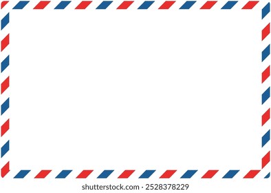 Airmail envelope frame. International vintage letter border. Diplomat size. Retro air mail with blue and red stripes. Blank correspondence paper template. Empty classic postal message illustration.