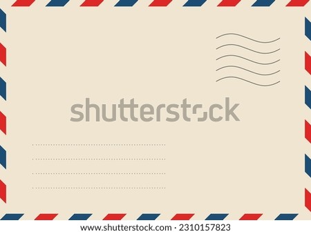 Airmail envelope frame with postage stamps. Vintage air mail postcard back template with diagonal blue and red stripes. Travel post card backside. Vector illustration isolated on paper background.