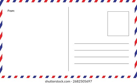 Airmail envelope frame with strips, lines for name and address. retro air mail postcard with blue and red stripes. postcard envelope frame template