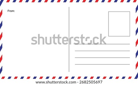 Airmail envelope frame with strips, lines for name and address. retro air mail postcard with blue and red stripes. postcard envelope frame template