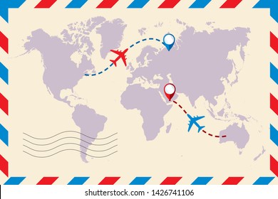 Airmail envelope. The plane and its track on the world map. Travel to World. The airplane is in a dotted line. The waypoint is for a tourist trip. and his track. 