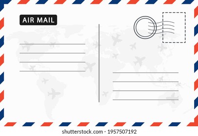 Airmail envelope with postage stamps, stamp, airplane and world map. Vintage postcard with paper texturewith. Vintage postcard template. Postal card design. Travel postcard blank. Vector illustration