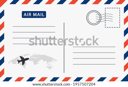 Airmail envelope with postage stamps, stamp, airplane and world map. Vintage postcard with paper texturewith. Vintage postcard template. Postal card design. Travel postcard blank. Vector illustration
