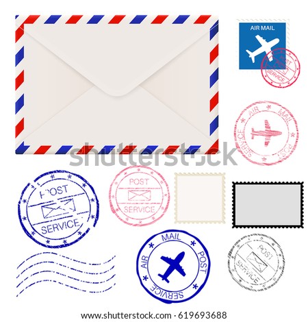 Airmail envelope with postmarks. Vector 3d illustration isolated on white background