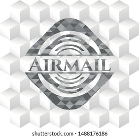 Airmail realistic grey emblem with geometric cube white background