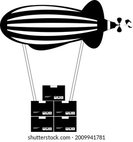 Airmail service delivering parcels illustration.
Post mail airship delivering parcels by air black on white flat icon
