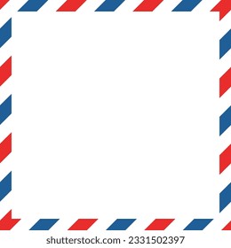 Airmail square envelope frame with blue red stripes on white background. International vintage letter border. Retro air mail postcard. Blank envelope. Vector illustration isolated on white background.