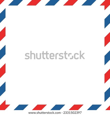 Airmail square envelope frame with blue red stripes on white background. International vintage letter border. Retro air mail postcard. Blank envelope. Vector illustration isolated on white background.