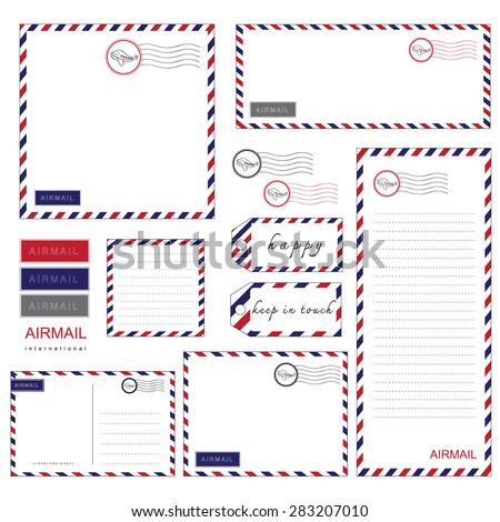 Airmail Stationery set, paper, letter,  envelope template vector classic retro concept style for communication isolated on white background vintage retro style with copy space