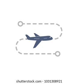 Airoplane logo with flight route from point A to point B vector illustration. Isolated simple plane on white background