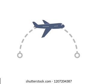 Airoplane logo with flight route from point A to point B vector illustration. Isolated simple air plane with tracing way and point of departure, destination point on white background