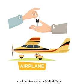 Airpane and hand passing key vector in flat style. Process of buying or renting airplane. Illustration of giving key and isolated yellow plane on white. Sales agreement marketing in cartoon design.