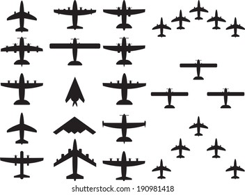 Airplains top view and formations illustrated on white