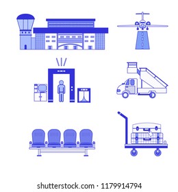 Airplan, car, airport  building, baggage cart, luggage and airport
suitcases isolated on white background. Vector illustration.