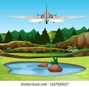 Airplan flying over the forest illustration