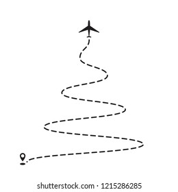 Airplane 2019 Christmas tree dotted path, aircraft tracking, trace or road vector illustration. New Year plane track to point, line way, air lines