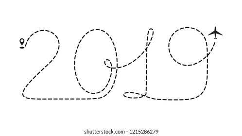 Airplane 2019 dotted path, aircraft tracking, trace or road vector illustration. New Year plane track to point, line way, air lines