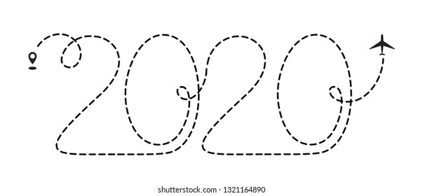 Airplane 2020 dotted path, aircraft tracking, trace or road vector illustration. New Year plane track to point, line way, air lines
