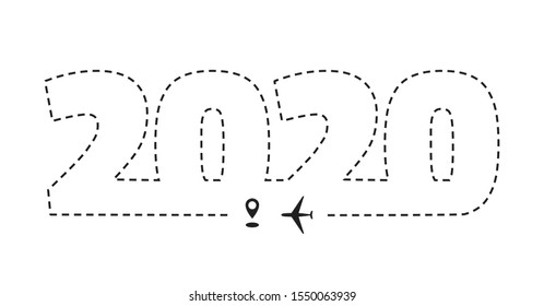 Airplane 2020 dotted path, aircraft tracking, trace or road vector illustration. New Year plane track to point, line way, air lines