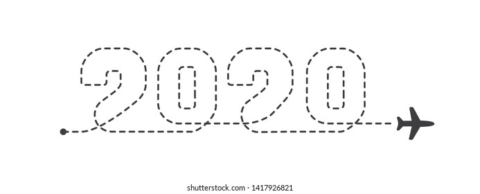 Airplane 2020 dotted trace. Plane route lines. Aircraft tracking path vector illustration