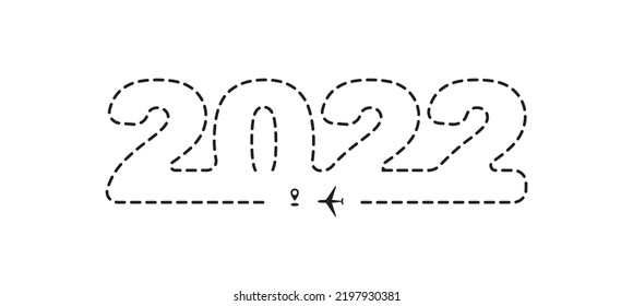 Airplane 2022 dotted path, aircraft tracking, trace road, New Year plane track to point, line way, air lines vector illustration