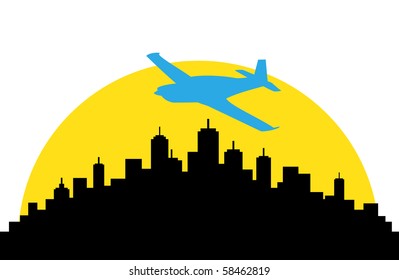 Airplane above city