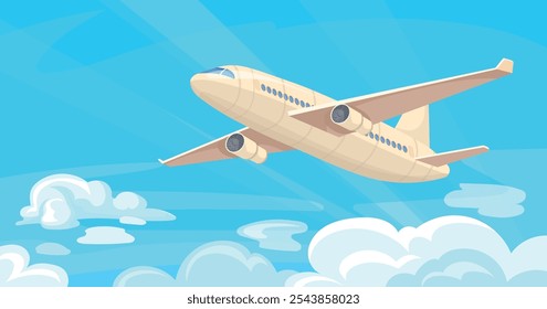 Airplane above clouds. Aircraft flying over cloud, passenger plane or commercial business jet fly in sky modern aeroplane air trip journey airliner flight, neat vector illustration original artwork