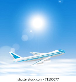 Airplane above the clouds in the blue sky. Vector eps10 illustration