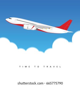 airplane above clouds with time to travel illustration in colorful