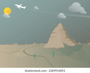 Airplane above desert. Plane flies desert and rocks. Flights and travel, tourism.	