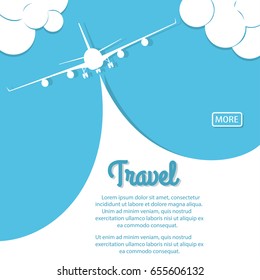 Airplane above the mountains with white ribbon in blue sky. Biplane with banner. Vintage plane travel poster. Vector