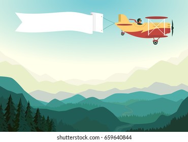Airplane above the mountains with white ribbon in blue sky. Biplane with banner. Vintage plane travel poster. Vector