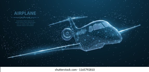 Airplane. Abstract 3d polygonal wireframe airplane on blue night sky with dots and stars. Travel, aircraft, tourism, vacation concept illustration or background