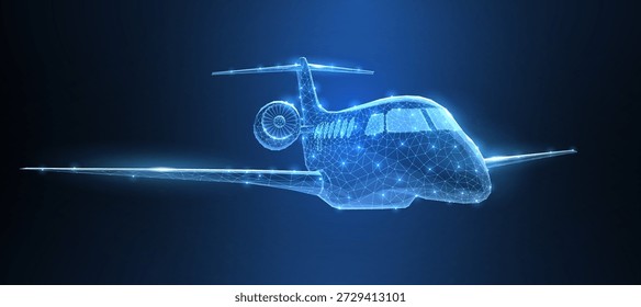 Flugzeug. Abstraktes 3D-Vieleck-Drahtmodell-Flugzeug am blauen Nachthimmel mit Punkten und Sternen. Reise, Flugzeug, Tourismus, Urlaubskonzept Illustration oder Hintergrund