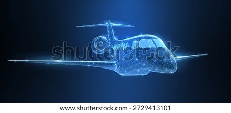Airplane. Abstract 3d polygonal wireframe airplane on blue night sky with dots and stars. Travel, aircraft, tourism, vacation concept illustration or background