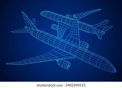 Airplane. Abstract airliner. Travel, tourism, business, transportation concept. Wireframe low poly mesh vector illustration