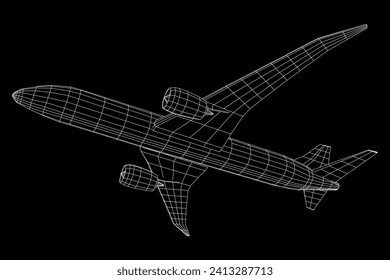 Airplane. Abstract airliner. Travel, tourism, business, transportation concept. Wireframe low poly mesh vector illustration