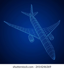Airplane. Abstract airliner. Travel, tourism, business, transportation concept. Wireframe low poly mesh vector illustration